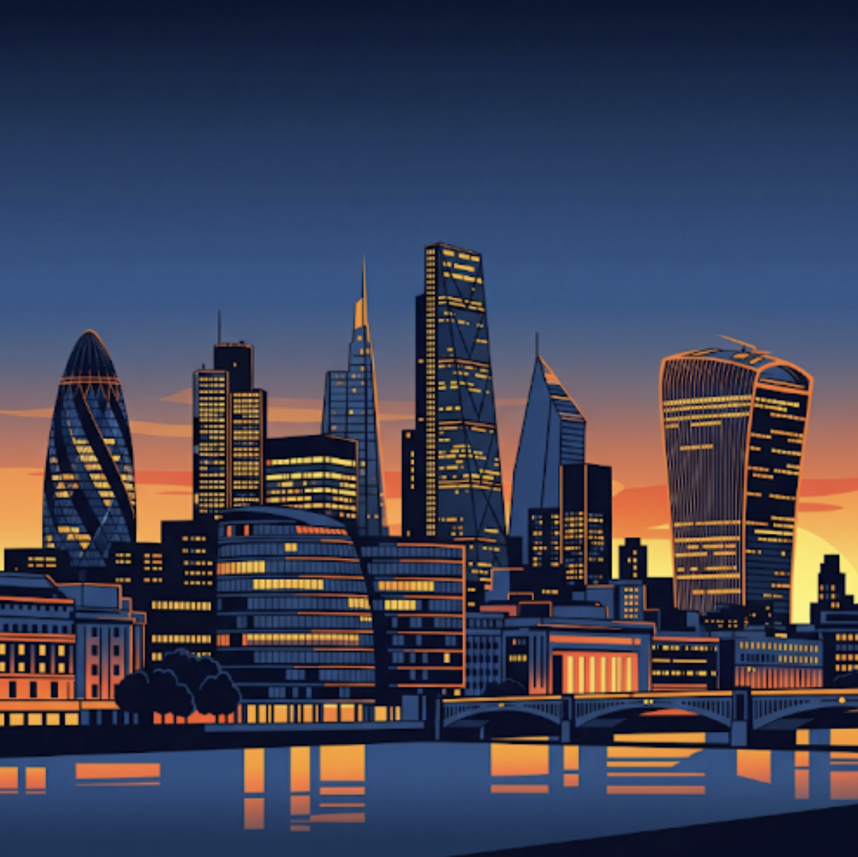 A stylized graphic of the London financial district